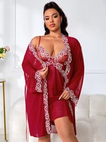 大碼花卉刺繡網紗睡袍和吊帶連衣裙睡衣套裝 - 酒紅色 - 查看 1