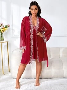 大碼花卉刺繡網紗睡袍和吊帶連衣裙睡衣套裝 - 酒紅色 - 查看 4