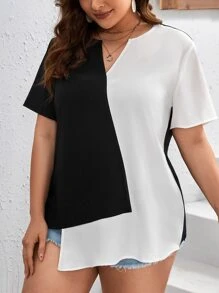 SHEIN LUNE Plus Two Tone Notched Neck Asymmetrical Hem Blouse - Black and White - View 3