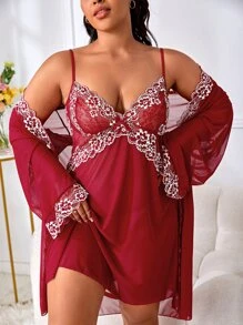 大碼花卉刺繡網紗睡袍和吊帶連衣裙睡衣套裝 - 酒紅色 - 查看 5