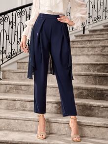 Modelyn Solid Fold Pleated Detail Foldover Trousers - Navy Blue - View 4