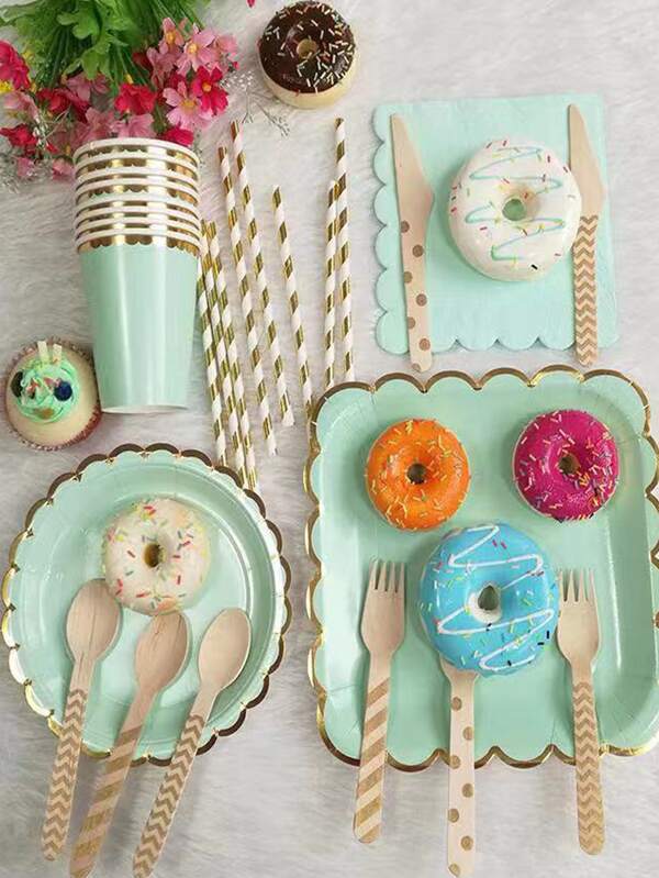 89pcs/set Paper Disposable Kitchenware, Modern Scallop Trim Disposable