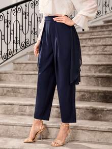 Modelyn Solid Fold Pleated Detail Foldover Trousers - Navy Blue - View 5