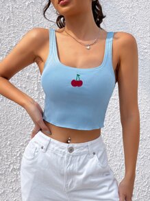 SHEIN MOD 櫻桃刺繡短款背心 - 淺藍色 - 查看 1