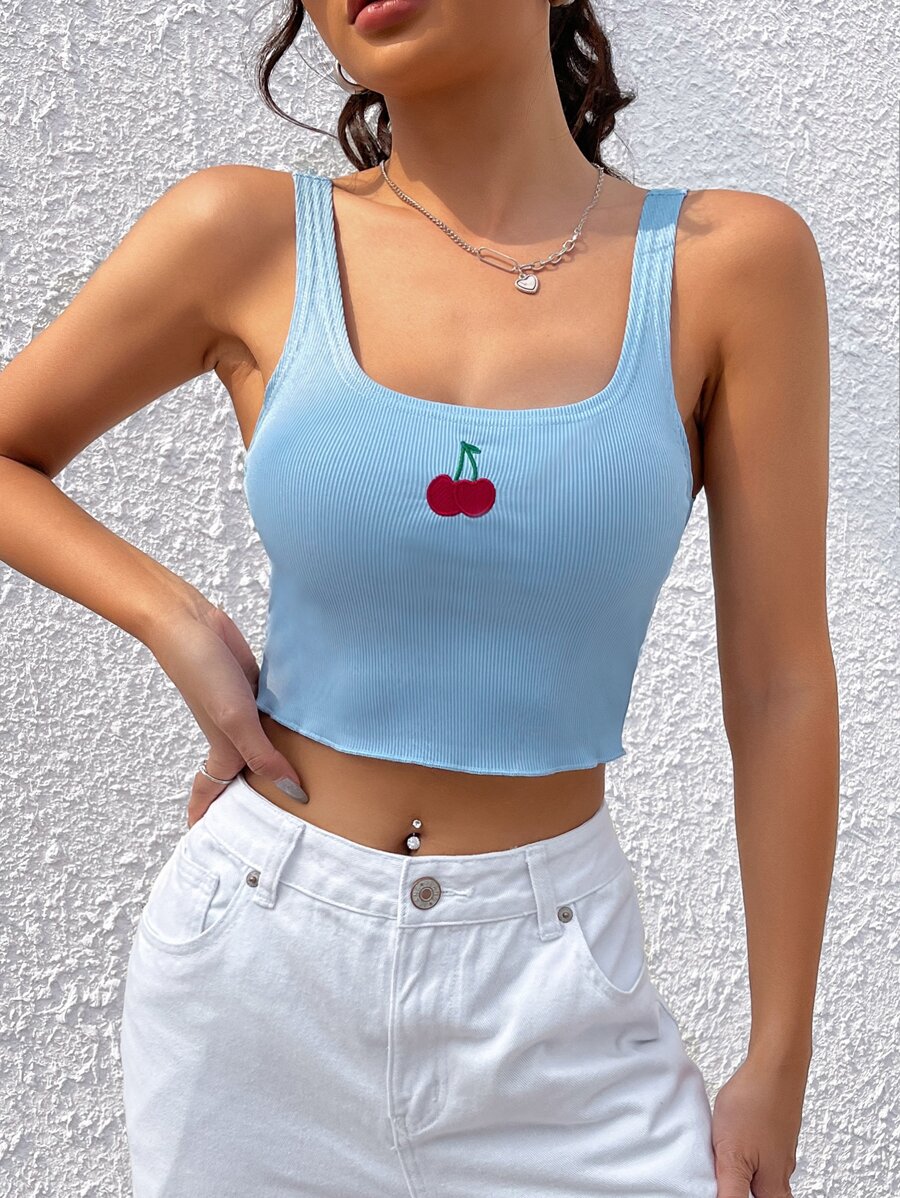 SHEIN MOD 櫻桃刺繡短款背心 - 淺藍色 - 查看 1