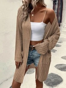 SHEIN LUNE Cárdigan con doble bolsillo y hombros caídos - Marrón Mocha - Ver 1