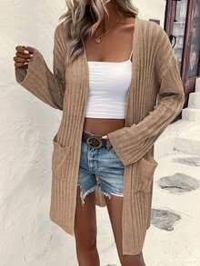 SHEIN LUNE Cárdigan con doble bolsillo y hombros caídos - Marrón Mocha - Ver 3