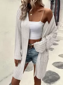 SHEIN LUNE 双口袋落肩开衫 - 米色 - 查看 1