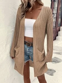 SHEIN LUNE Cárdigan con doble bolsillo y hombros caídos - Marrón Mocha - Ver 4
