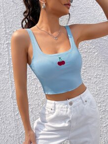 SHEIN MOD 櫻桃刺繡短款背心 - 淺藍色 - 查看 5