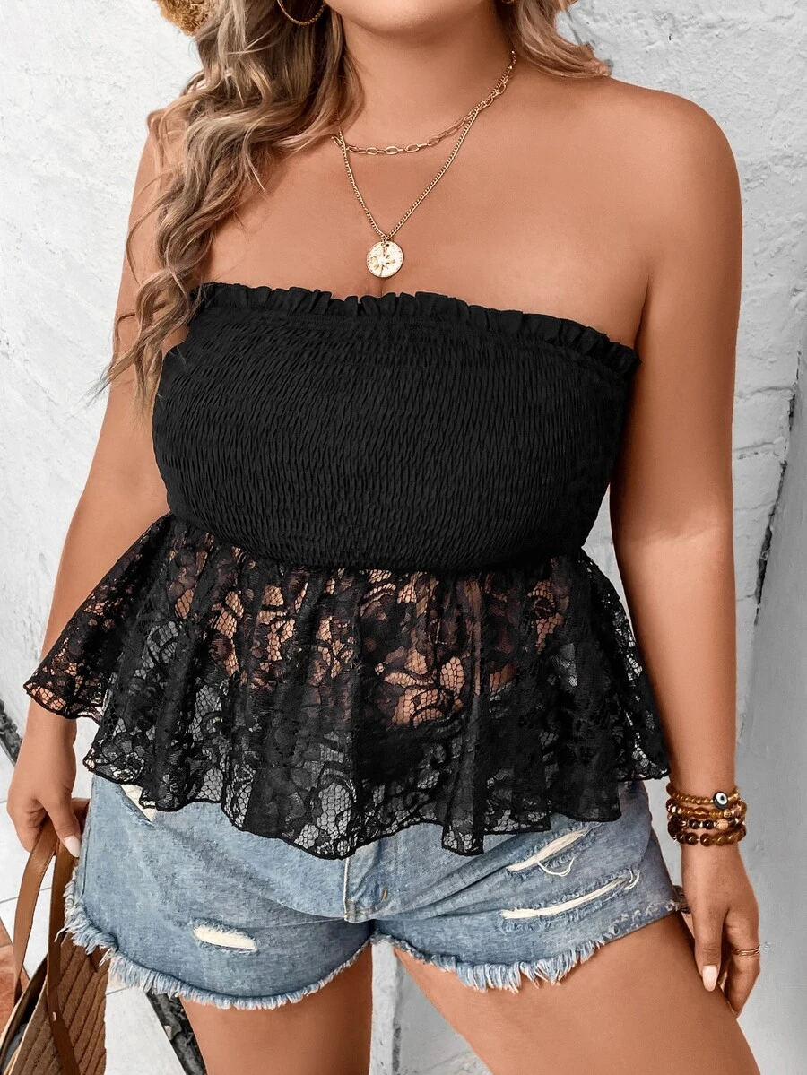 SHEIN Holidaya Plus Contrast Lace Peplum Tube Top - Black - View 1