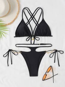 SHEIN Swim 鏈接三角頂帶連帶泳衣套裝 - 黑色 - 查看 1