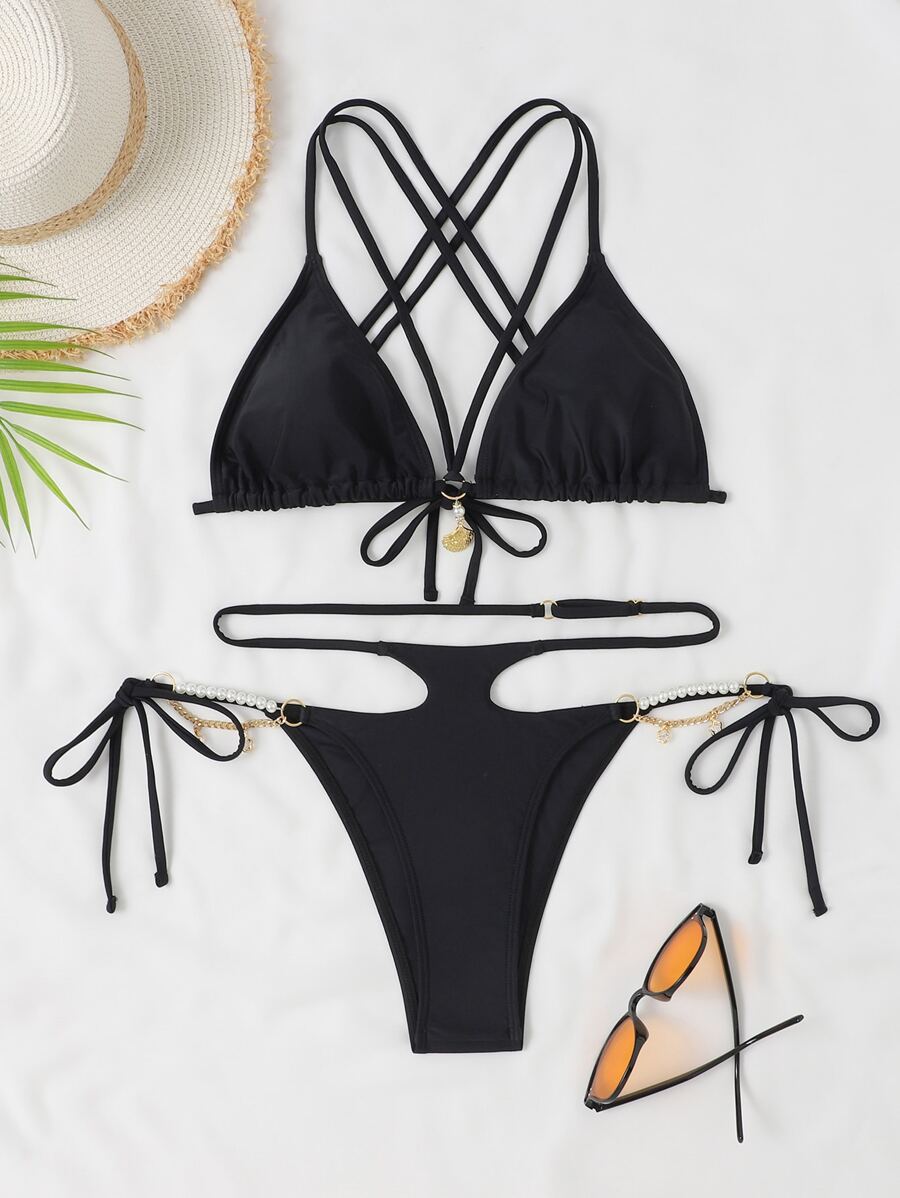SHEIN Swim 鏈接三角頂帶連帶泳衣套裝 - 黑色 - 查看 1
