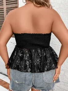 SHEIN Holidaya Plus Contrast Lace Peplum Tube Top - Black - View 2