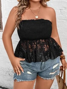 SHEIN Holidaya Plus Contrast Lace Peplum Tube Top - Black - View 3