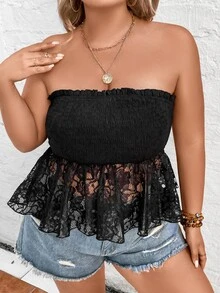 SHEIN Holidaya Plus Contrast Lace Peplum Tube Top - Black - View 4
