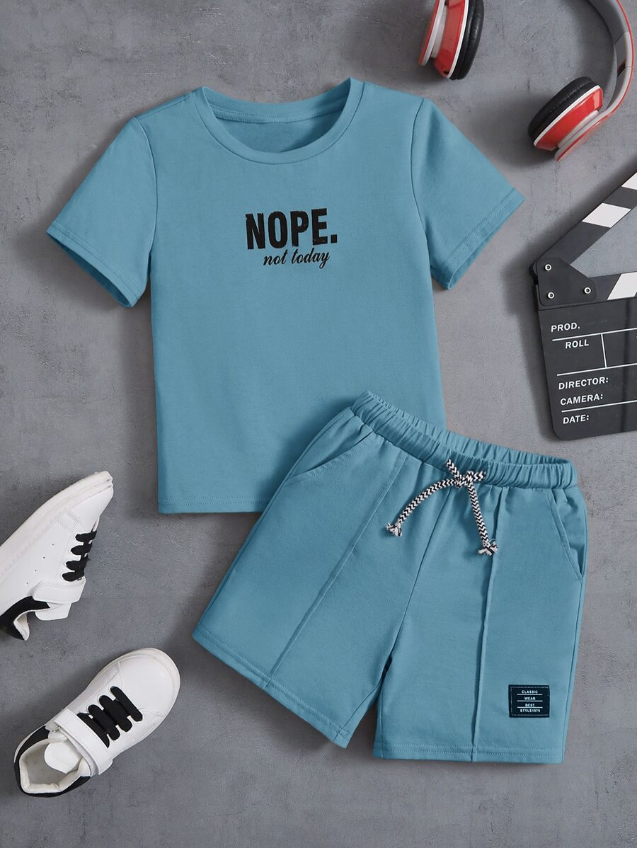 SHEIN Leap Crew Toddler Boys Letter Graphic Tee & Drawstring Waist Shorts - Dusty Blue - View 1