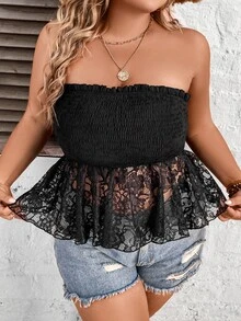 SHEIN Holidaya Plus Contrast Lace Peplum Tube Top - Black - View 7