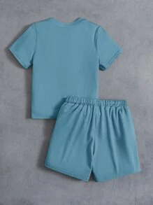 SHEIN Leap Crew Toddler Boys Letter Graphic Tee & Drawstring Waist Shorts - Dusty Blue - View 2