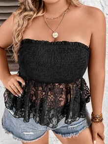 SHEIN Holidaya Plus Contrast Lace Peplum Tube Top - Black - View 8
