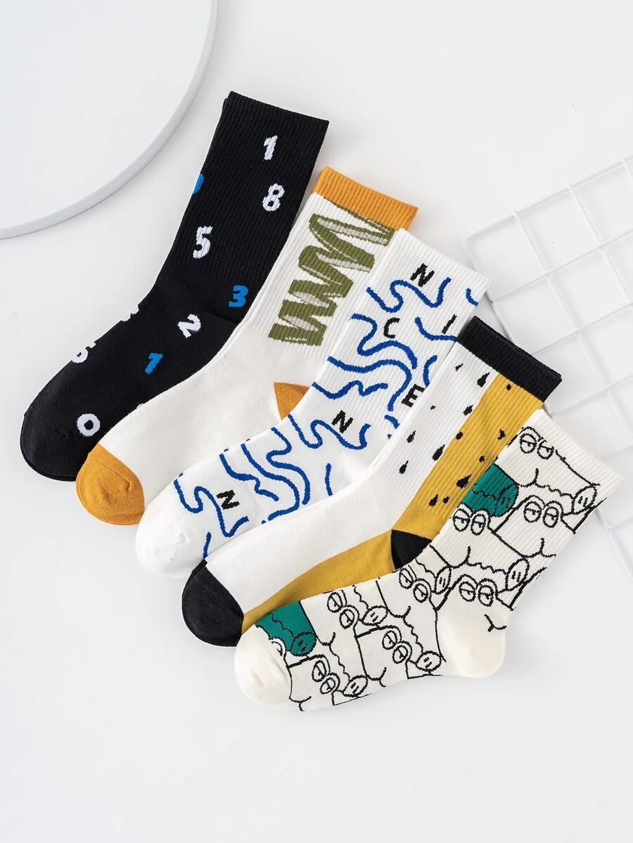 5pairs Men Graphic Crew Socks - Multicolor - View 1