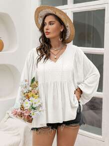 Áo sơ mi Plus Size Viên lá sen màu trơn Giải trí - trắng - Xem 5