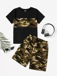 SHEIN Boys Camo Print Tee & Drawstring Waist Shorts - Khaki - View 1