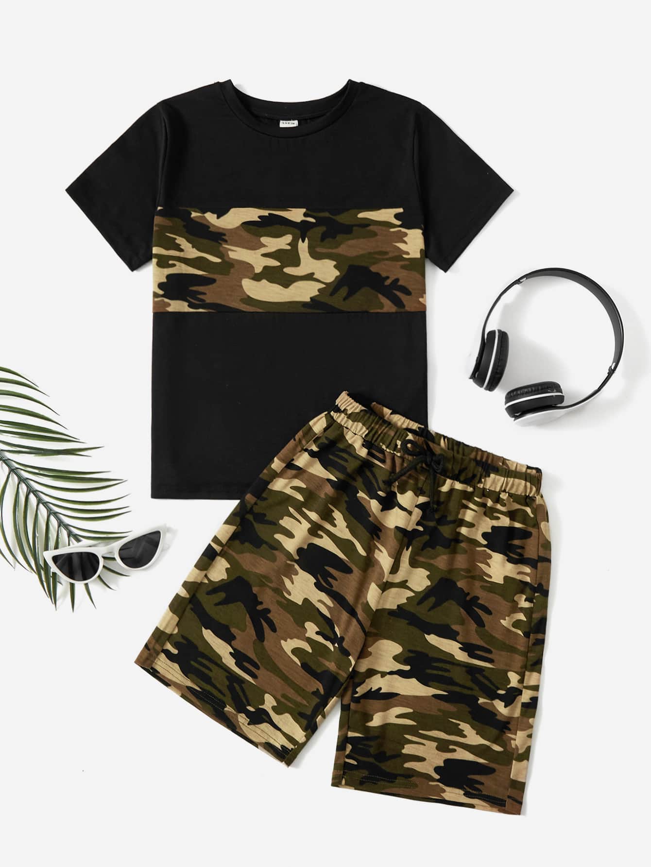 SHEIN Boys Camo Print Tee & Drawstring Waist Shorts - Khaki - View 1