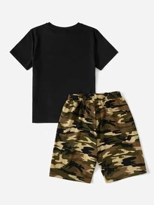 SHEIN Boys Camo Print Tee & Drawstring Waist Shorts - Khaki - View 2