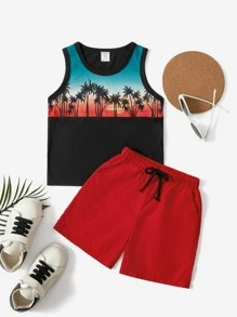 SHEIN Young Boy Coconut Tree Print Tank Top & Drawstring Waist Shorts - Red - View 1