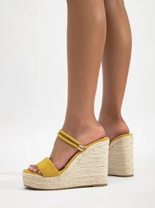 女士舒適多用途穿戴草編鞋底度假仿麂皮露跟坡跟涼鞋