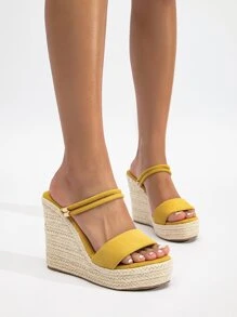 女士舒適多用途穿戴草編鞋底度假仿麂皮露跟坡跟涼鞋