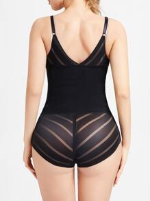 Plus Solid Contrast Mesh Shapewear Bodysuit - Black - View 4