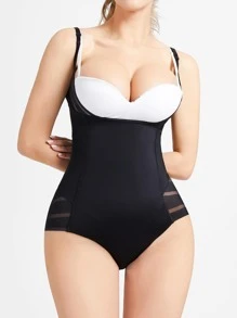 Plus Solid Contrast Mesh Shapewear Bodysuit - Black - View 5