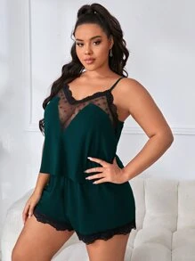 Conjunto de pijama con top de camiseta y pantalones cortos con encaje de contraste talla grande - Verde Oscuro - Ver 1
