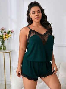Conjunto de pijama con top de camiseta y pantalones cortos con encaje de contraste talla grande - Verde Oscuro - Ver 4