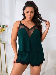 Conjunto de pijama con top de camiseta y pantalones cortos con encaje de contraste talla grande - Verde Oscuro - Ver 5