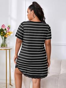 Plus Striped Print Lace Trim Half Button Front Nightdress - Black and White - View 2