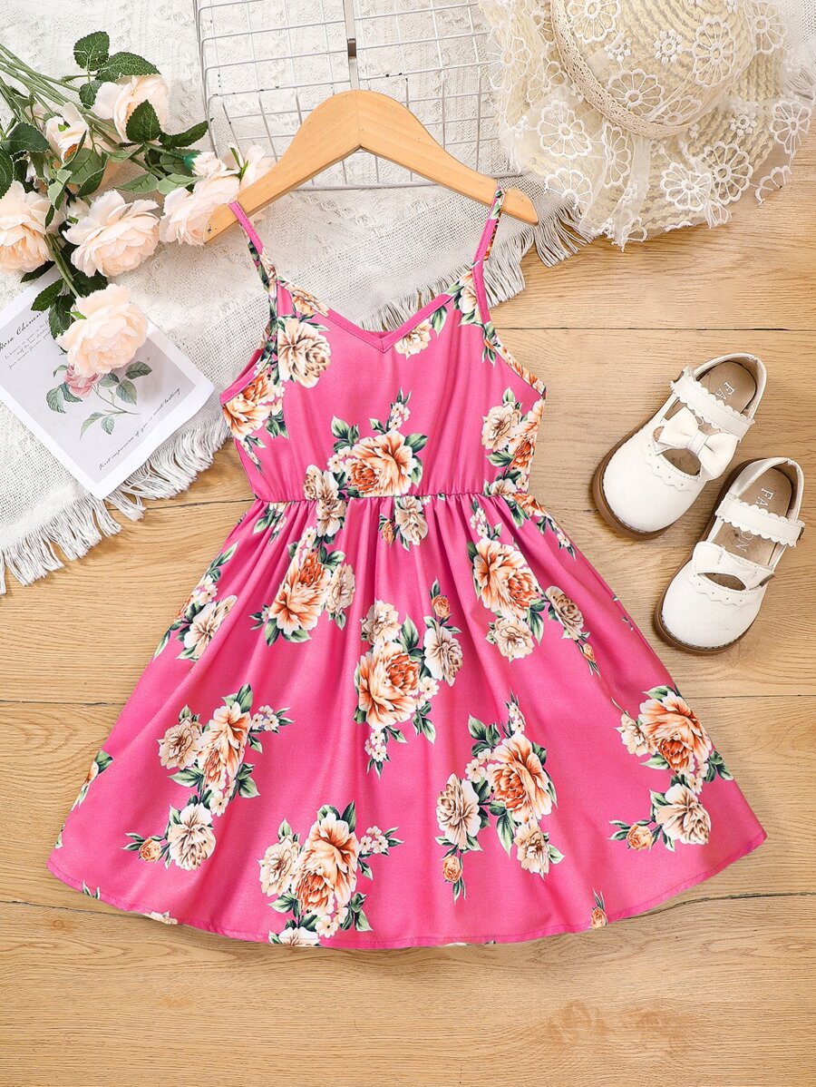 小女童印花吊帶連衣裙 - 玫紅色 - 查看 1