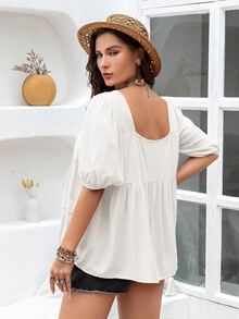 Rusttydustty Áo sơ mi Plus Size Tương phản ren Viên lá sen phân lớp màu trơn Dễ thương - trắng - Xem 2