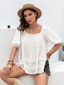 Rusttydustty Áo sơ mi Plus Size Tương phản ren Viên lá sen phân lớp màu trơn Dễ thương - trắng - Xem 4