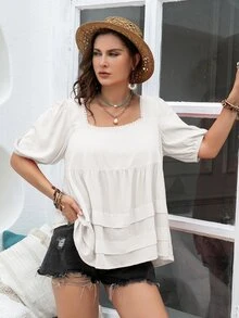 Rusttydustty Áo sơ mi Plus Size Tương phản ren Viên lá sen phân lớp màu trơn Dễ thương - trắng - Xem 5