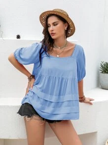 Rusttydustty 大碼方領泡泡袖荷葉邊下擺襯衫 - 淺藍色 - 查看 1