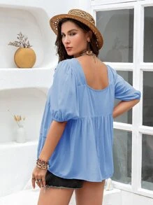 Rusttydustty 大碼方領泡泡袖荷葉邊下擺襯衫 - 淺藍色 - 查看 2