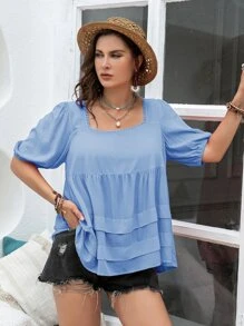 Rusttydustty 大碼方領泡泡袖荷葉邊下擺襯衫 - 淺藍色 - 查看 4