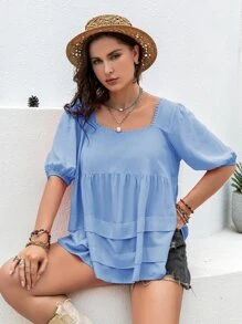 Rusttydustty 大碼方領泡泡袖荷葉邊下擺襯衫 - 淺藍色 - 查看 6