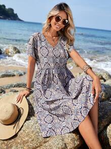 SHEIN LUNE Allover Print V Neck Dress - Multicolor - View 1