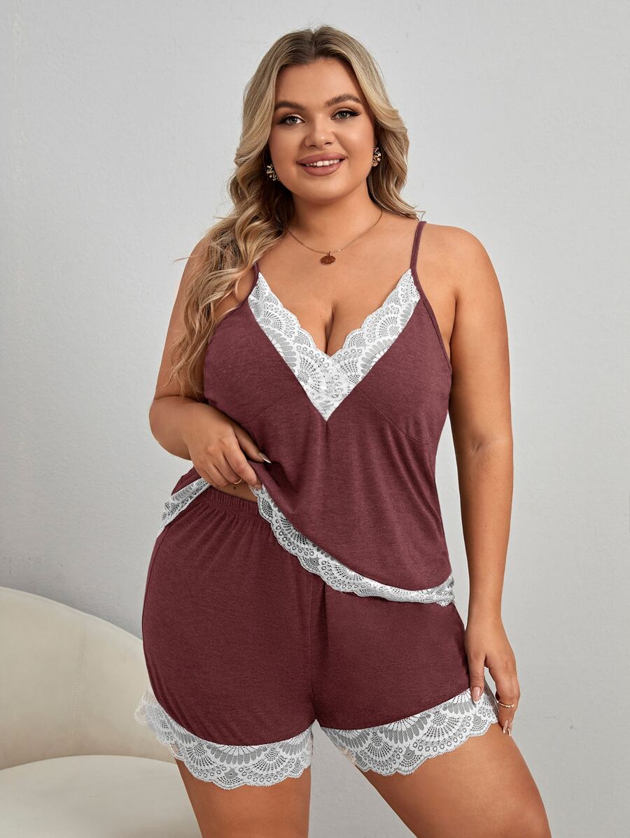 Plus Contrast Lace Cami Top & Shorts PJ Set / Pajama Set - Redwood - View 1