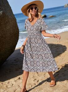 SHEIN LUNE Allover Print V Neck Dress - Multicolor - View 4