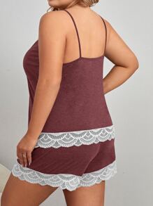 Plus Contrast Lace Cami Top & Shorts PJ Set / Pajama Set - Redwood - View 2